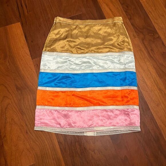 J Crew women’s Crochet Lace Midi Striped Colorblock linen blend lined skirt size - Picture 1 of 8